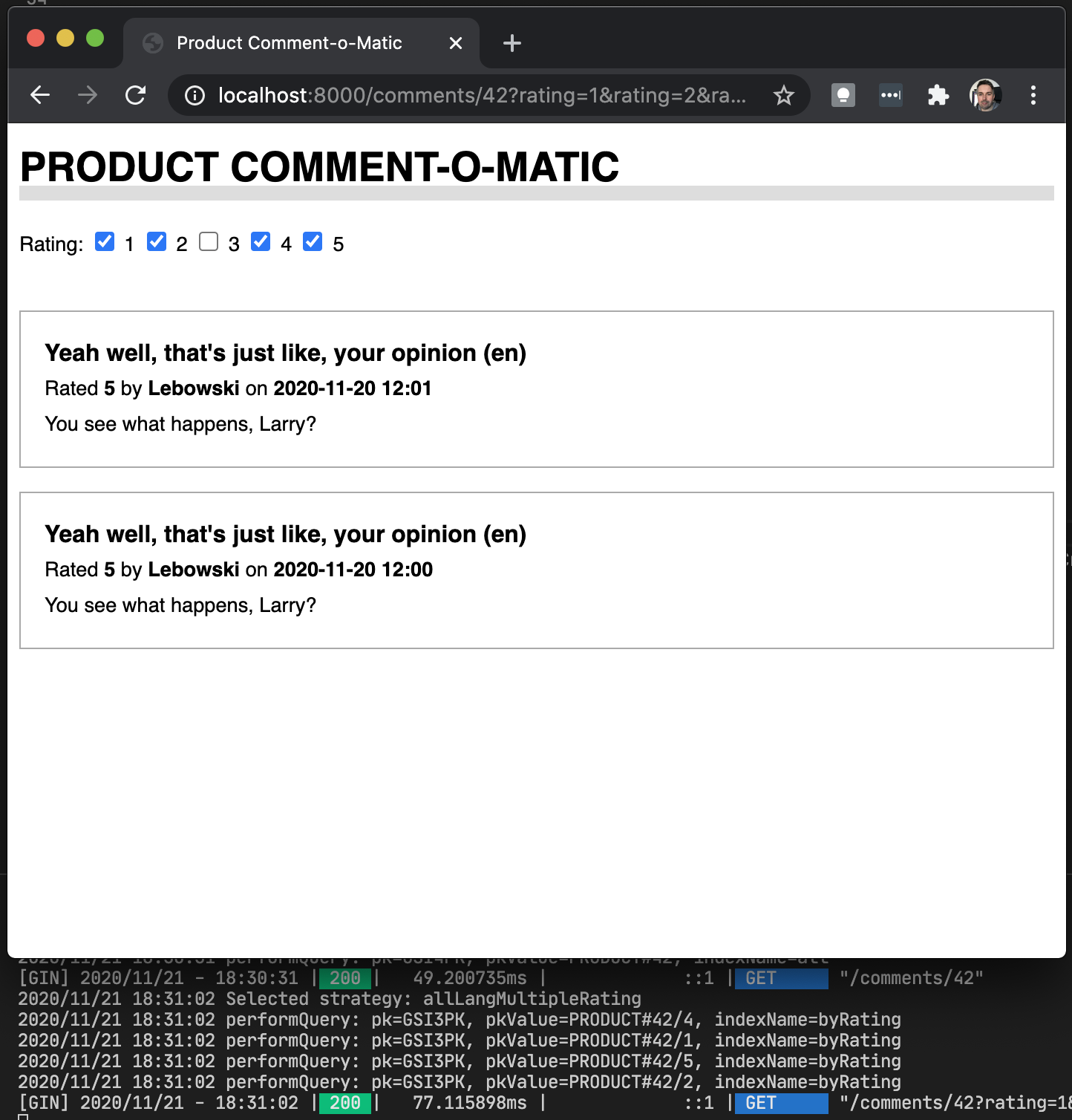 Product comments UI, ratings 1, 2, 4 and 5 switched on