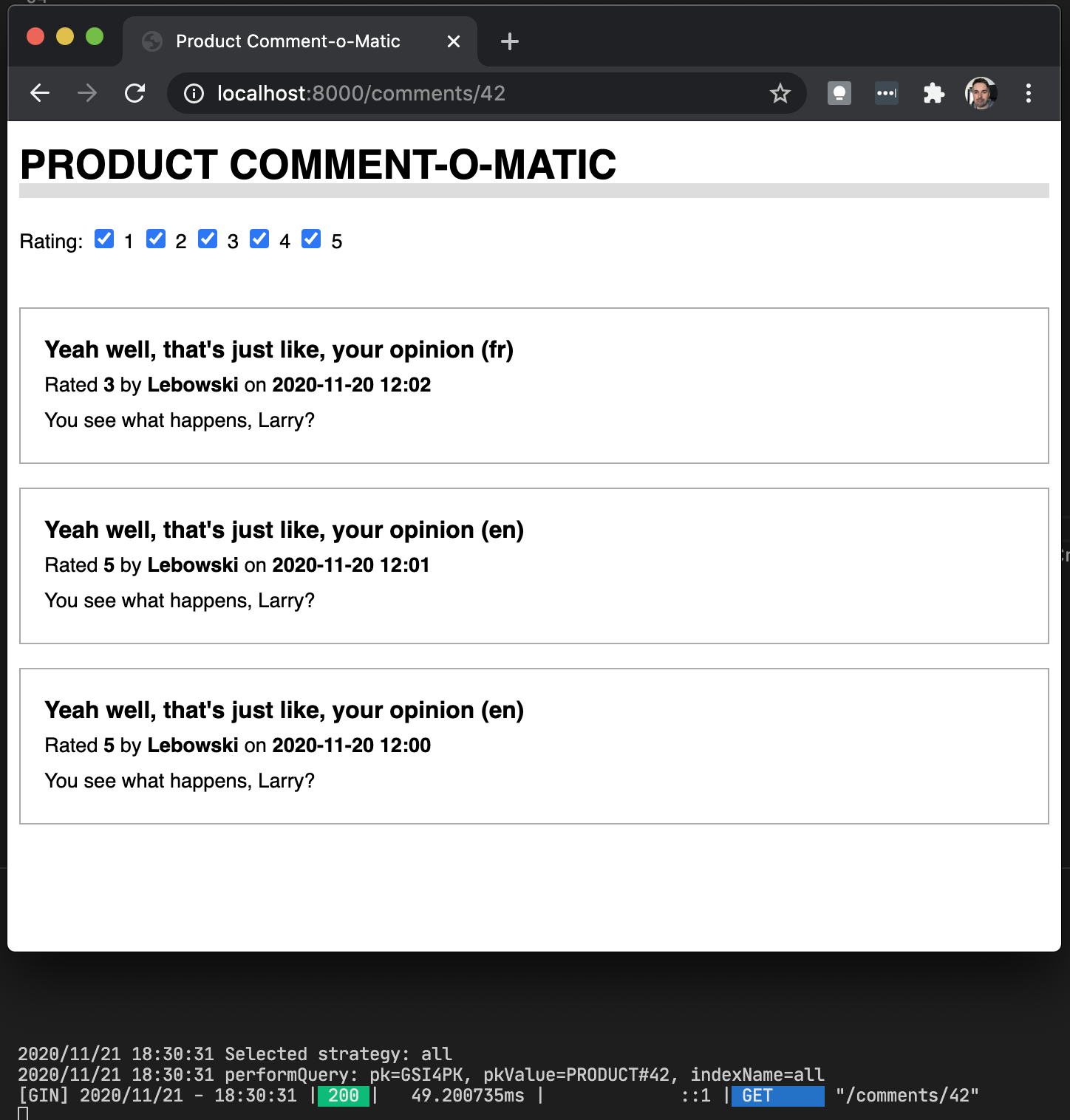 Product comments UI: all ratings, all languages