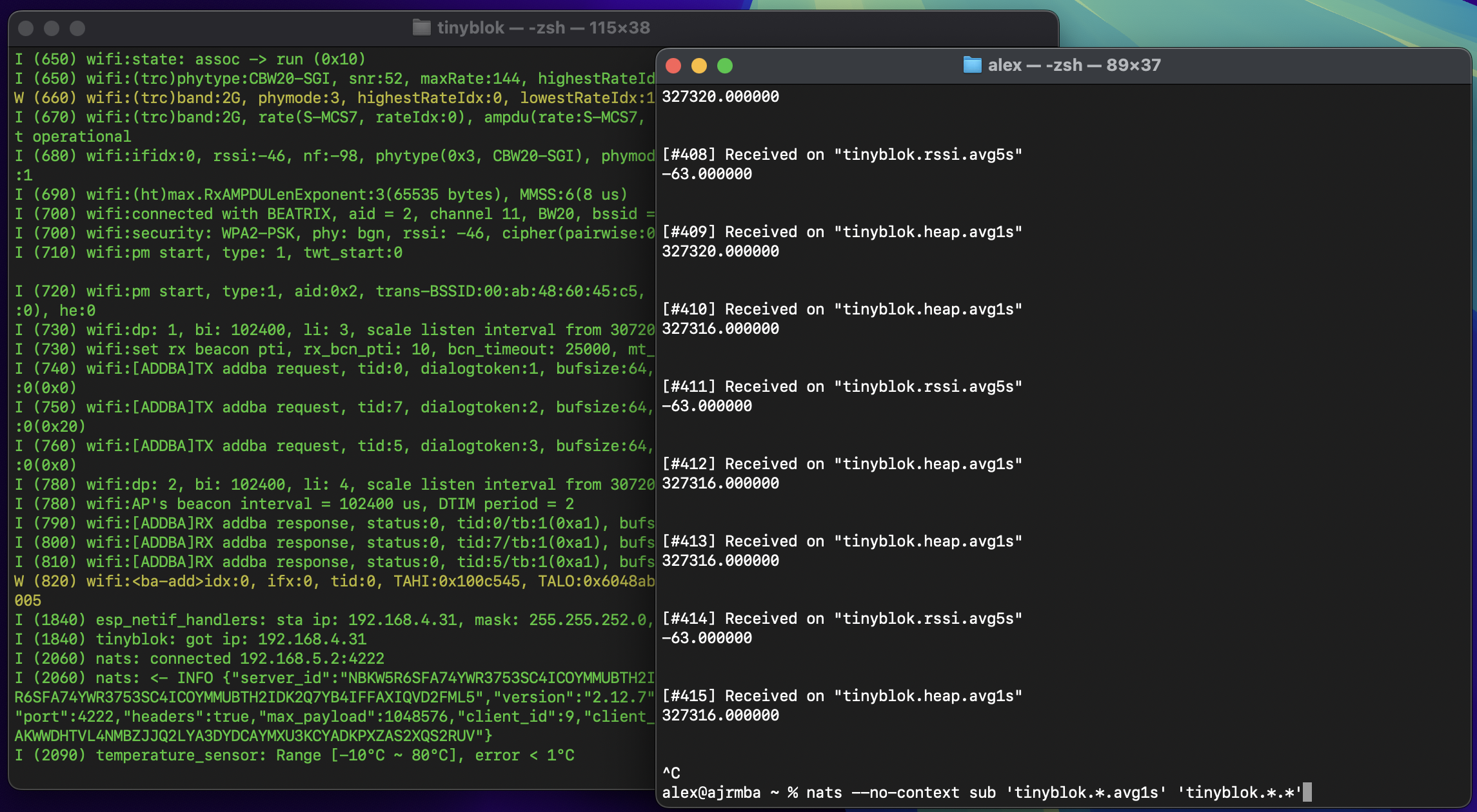 Device log on the left, monoblok subscriber on the right